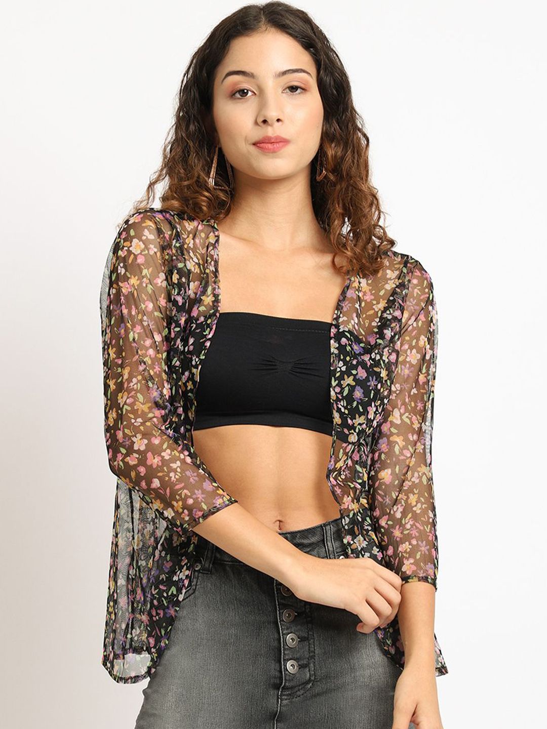 A AND K Floral Printed Cotton Open Front Sheer Shrug-picture-58