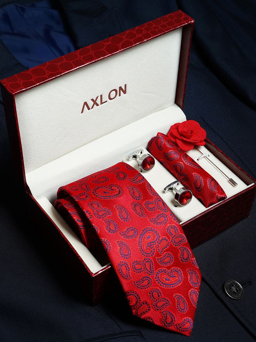 AXLON Men Paisley Tie Pocket Square Cufflink & Flower Pin Accessory Gift Set-picture-16