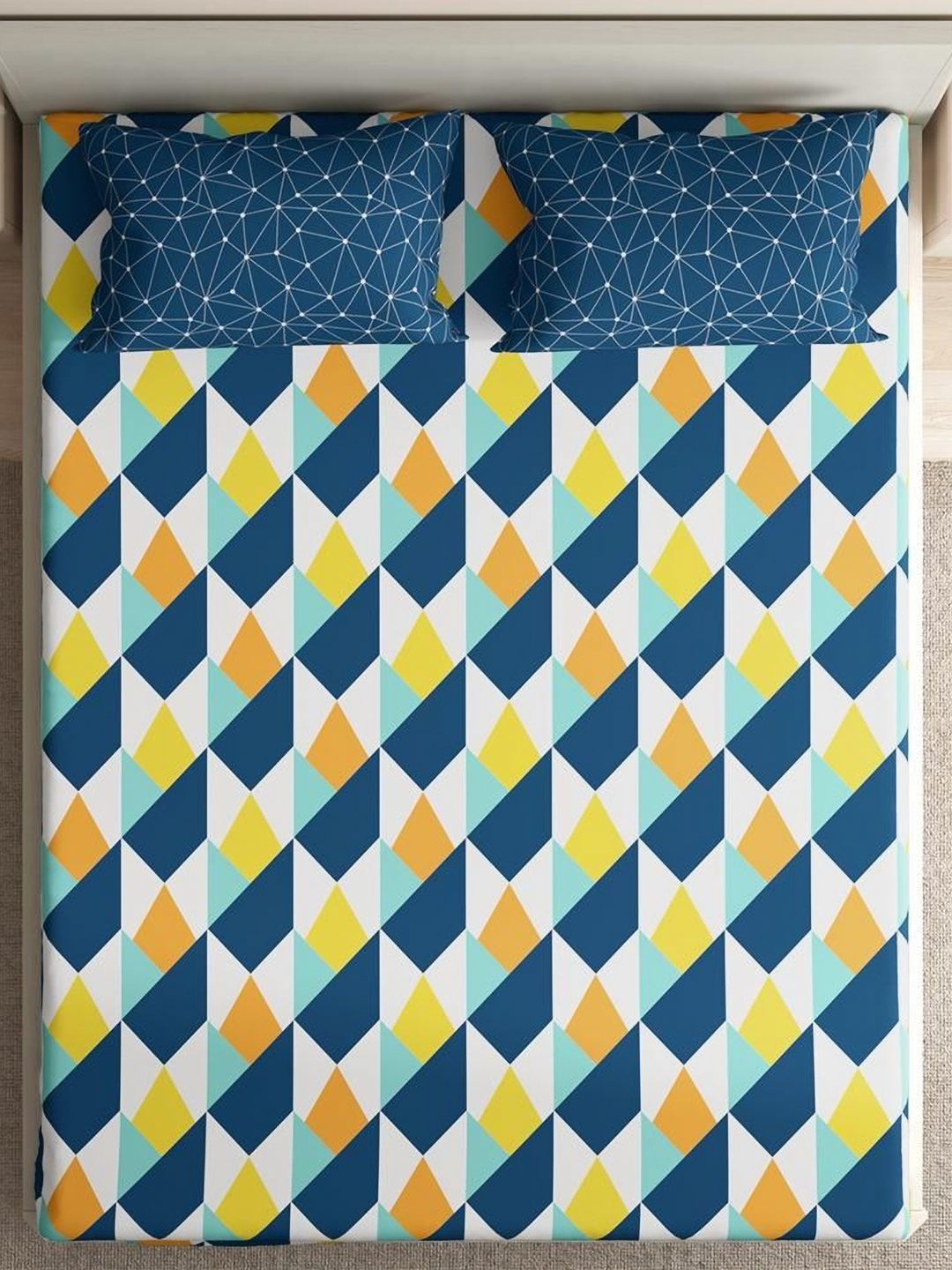 wakefit White & Navy Blue Geometric 144 TC King Bedsheet Set- 2.74 m x 2.74 m-image-43