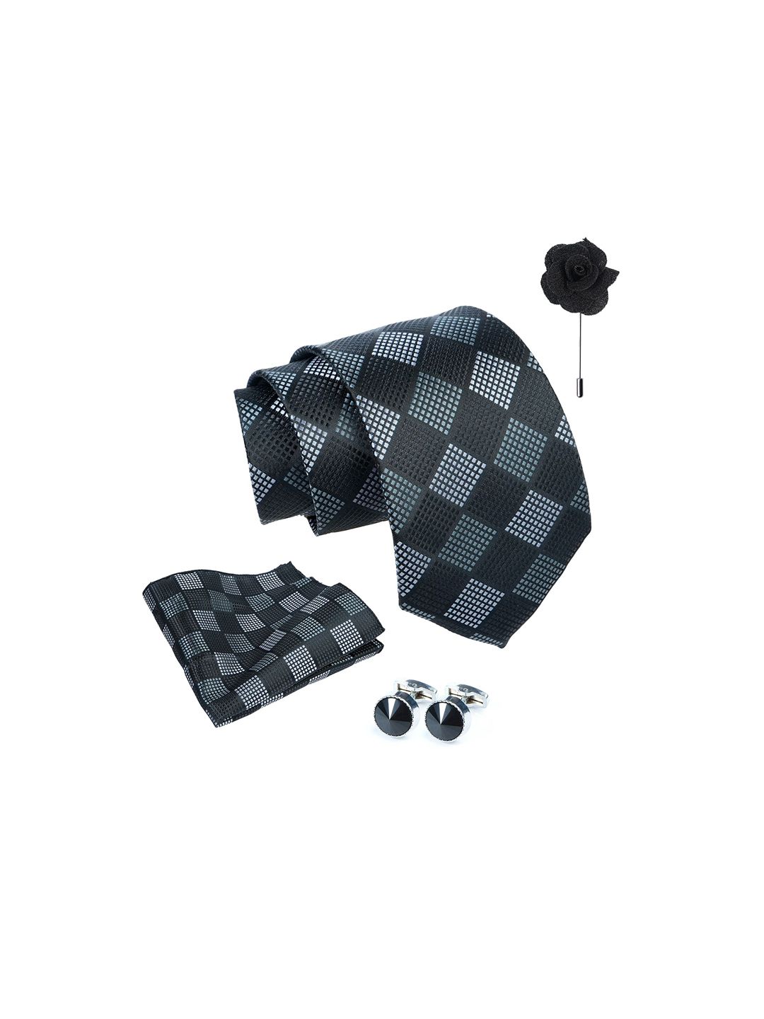 Axlon Men Checked Tie, Cufflinks, Flower Pin & Pocket Square Accessory Gift Set-image-32