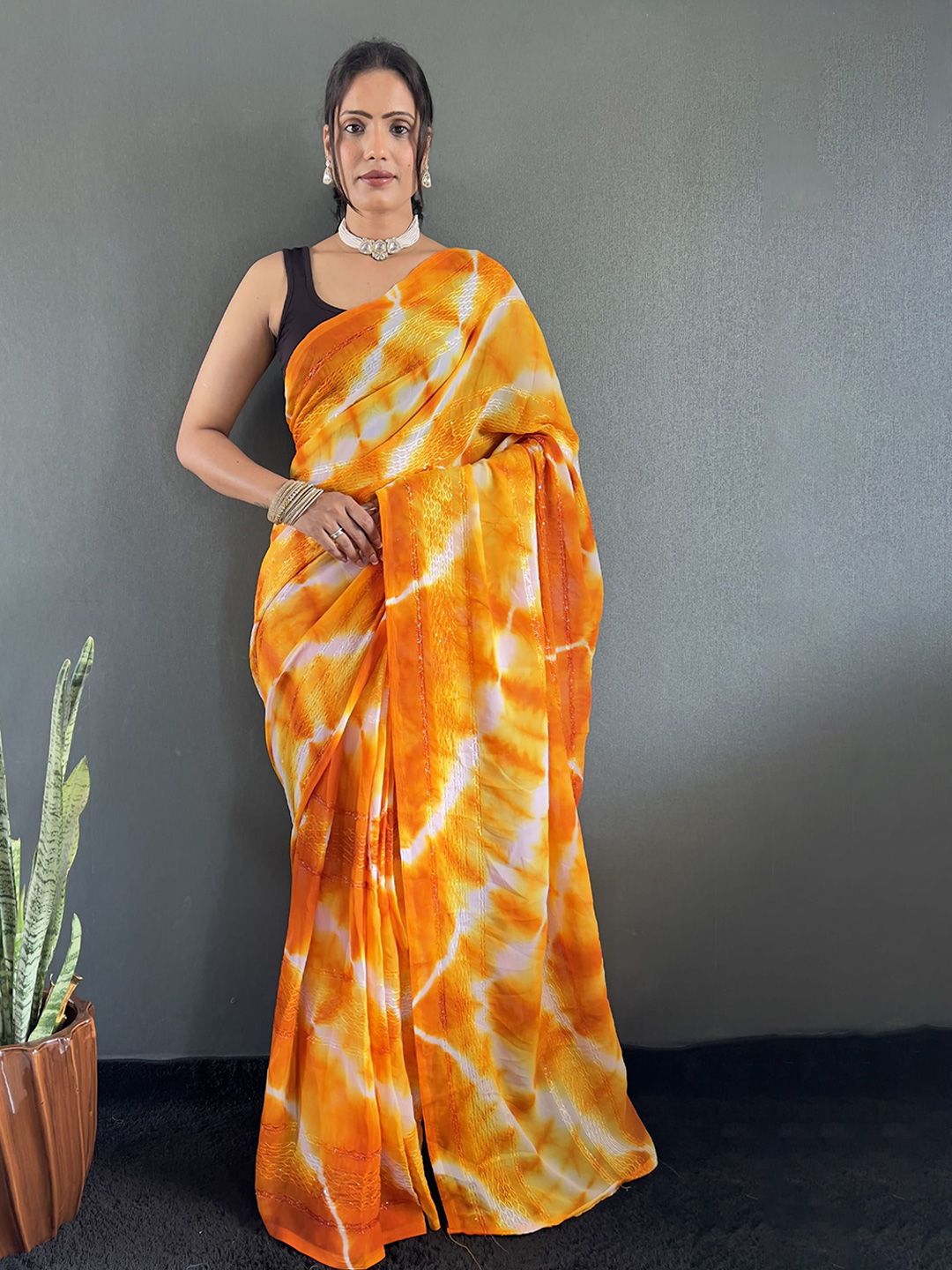 HERE&NOW Tie and Dye Pure Georgette Ready to Wear Saree-picture-37