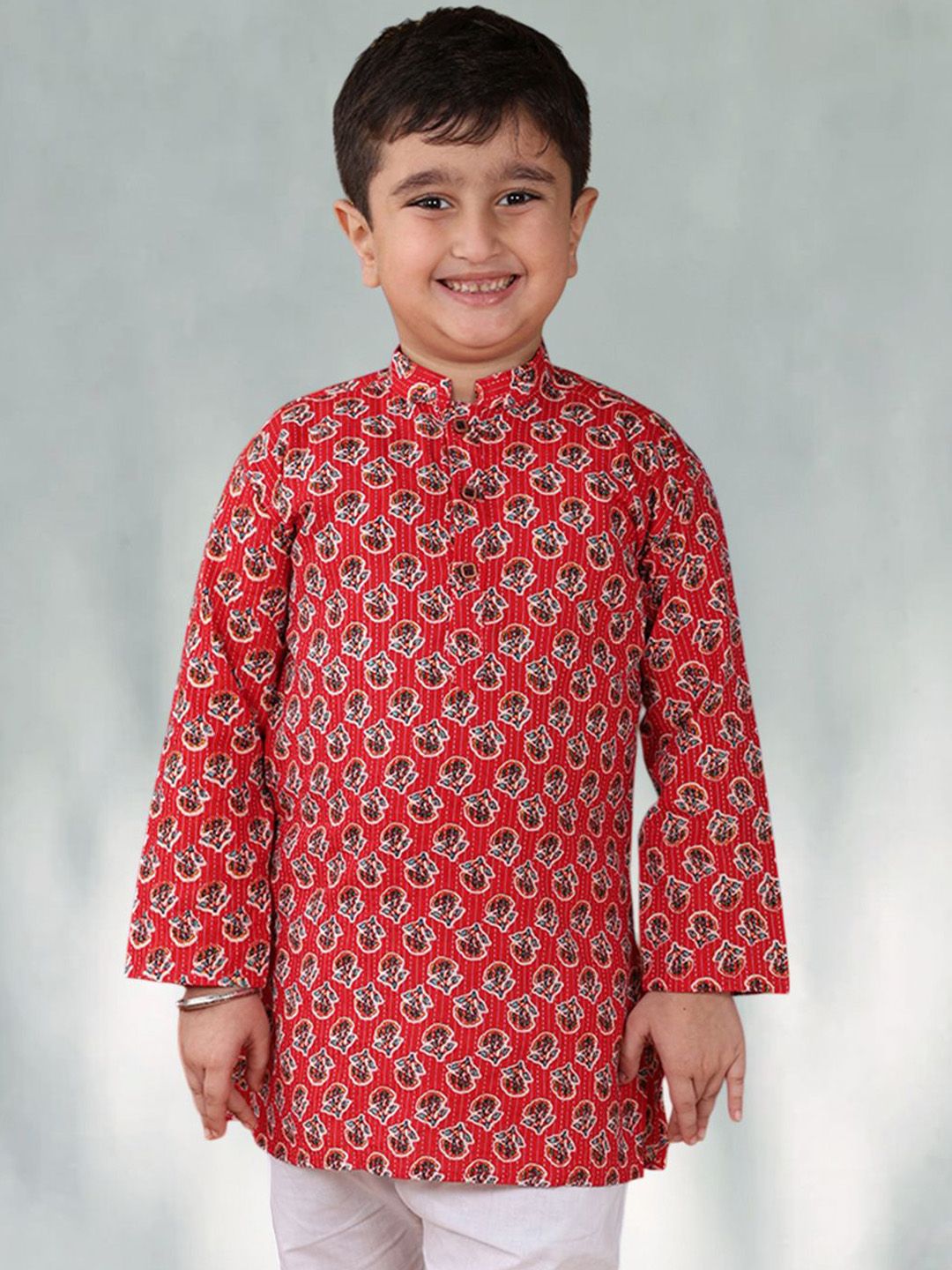 Sangria Boys Floral Printed Mandarin Collar Kantha Work Cotton Straight Kurta-picture-10