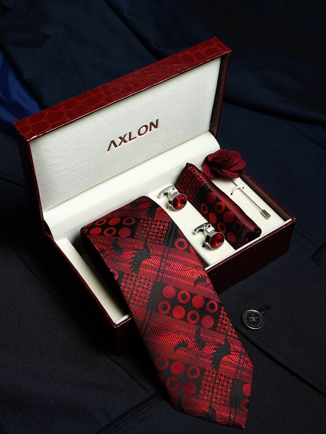 AXLON Men Geometric Tie Pocket Square Cufflink & Flower Pin Accessory Gift Set-picture-52