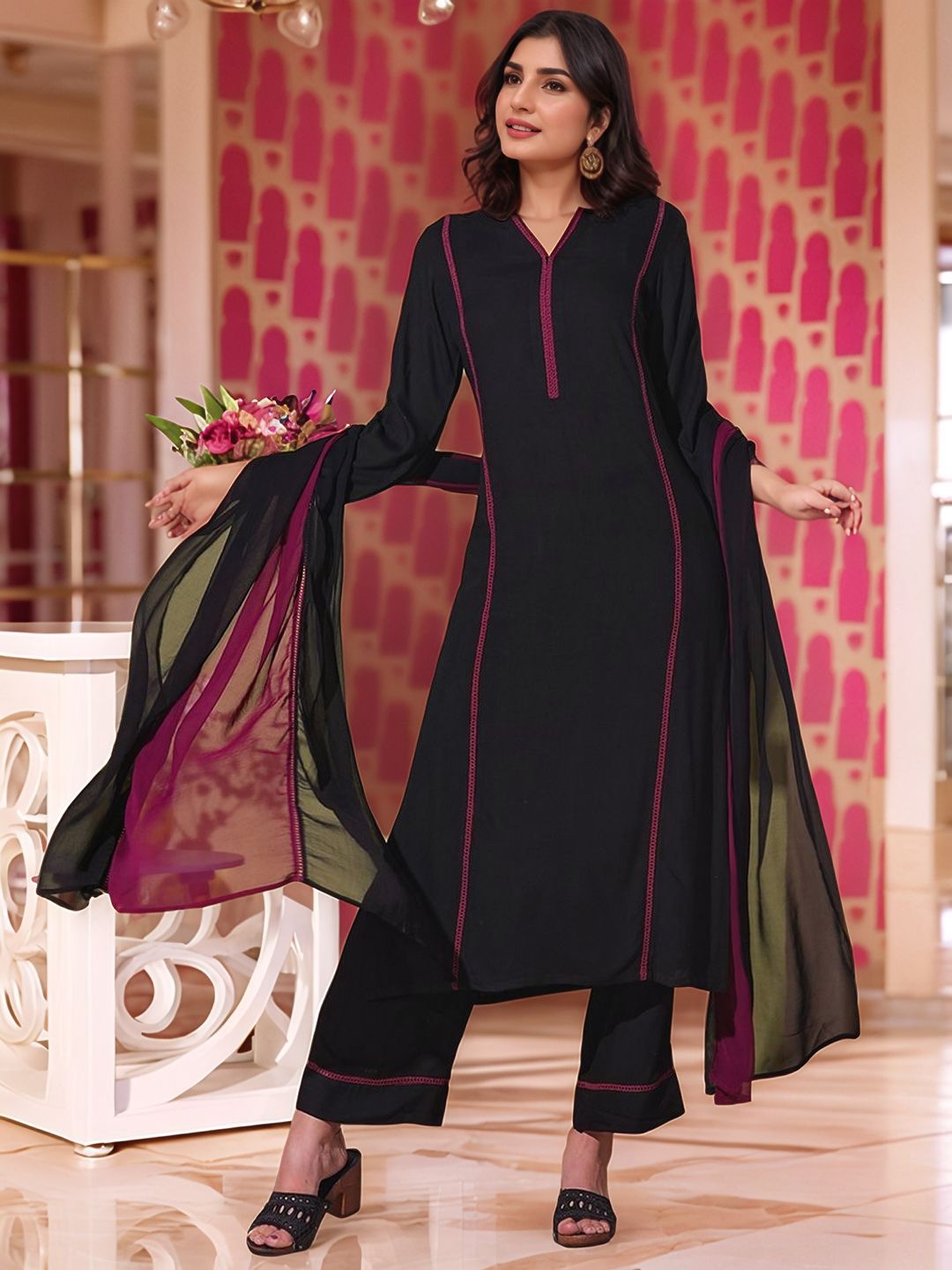 Aaghnya Women V-Neck Thread Work Straight Kurta with Palazzos & Dupatta