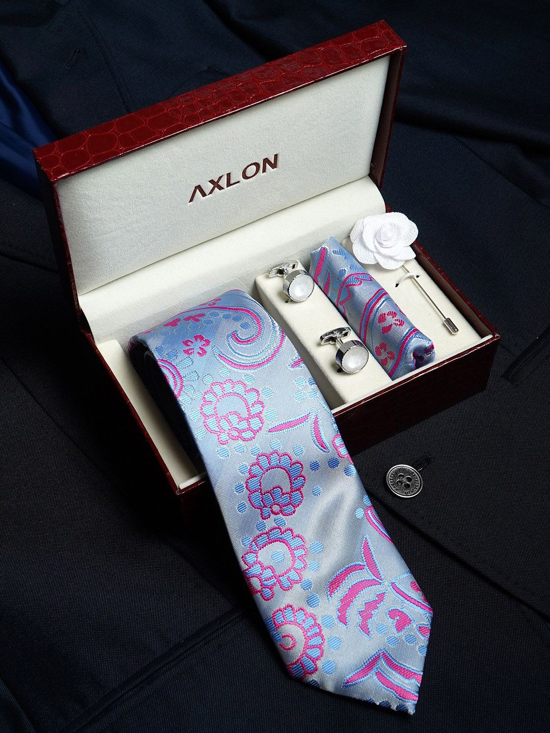 AXLON Men Floral Design Tie Pocket Square Cufflink & Flower Pin Accessory Gift Set-picture-16