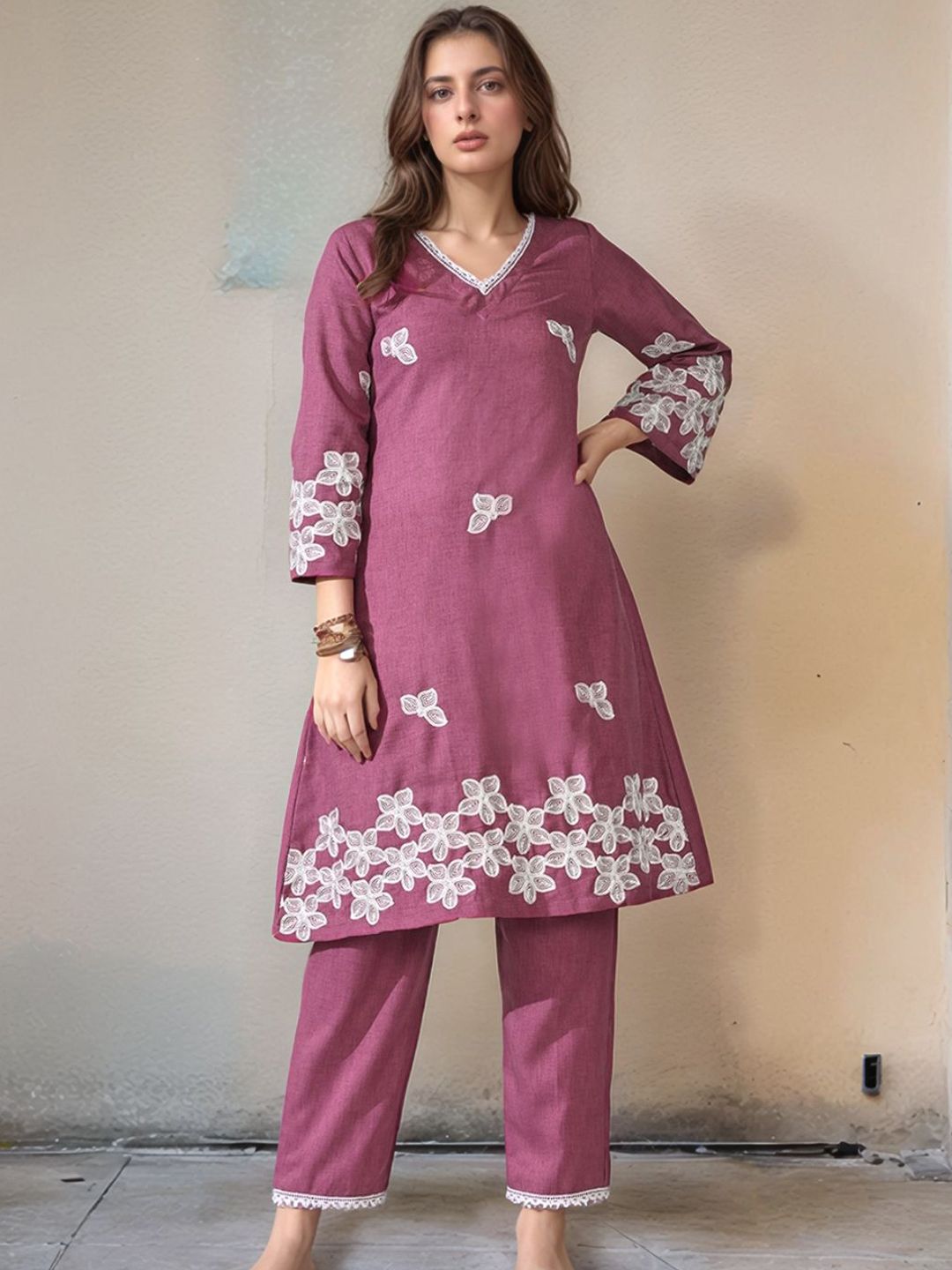Sangria Floral Embroidered A-Line Kurta & Palazzo