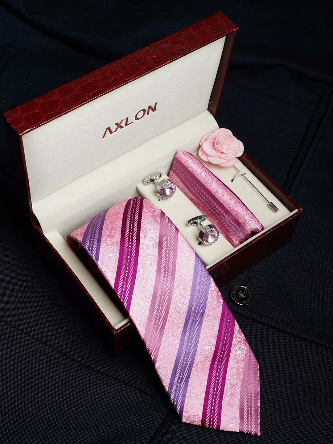 AXLON Men Striped Tie Pocket Square Cufflink & Flower Pin Accessory Gift Set-picture-53