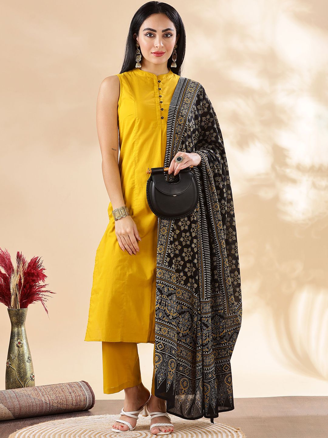 Anouk Women Solid Cotton Kurta with Palazzo & Dupatta