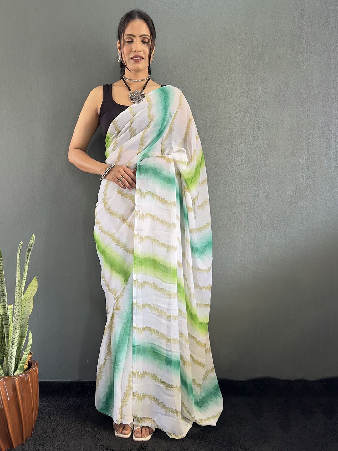HERE&NOW Tie and Dye Pure Georgette Ready to Wear Leheriya Saree-picture-15