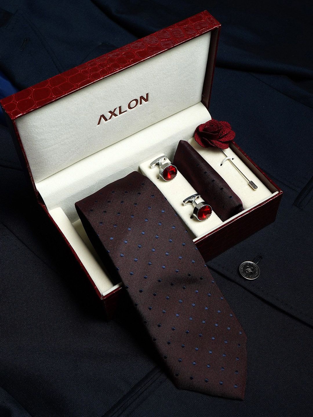 AXLON Men Polka Dotted Tie Pocket Square Cufflink & Flower Pin Accessory Gift Set-image-12