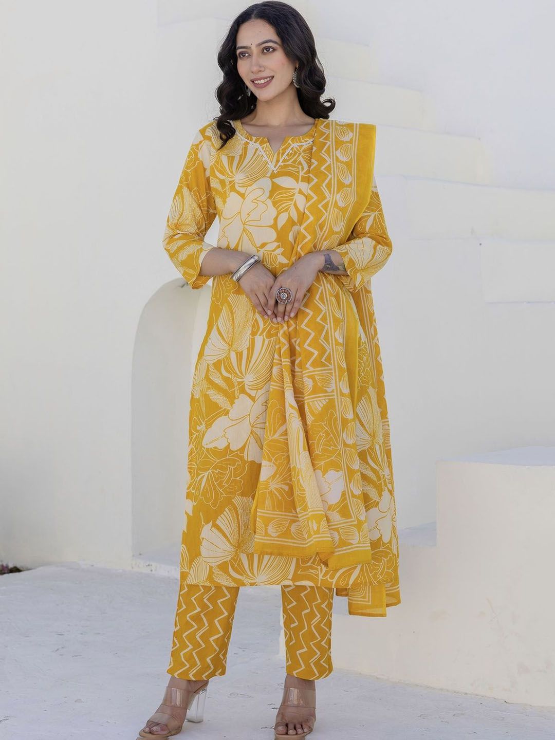 Kohsh Floral Printed V Neck Pure Cotton Kurta With Trousers & Dupatta