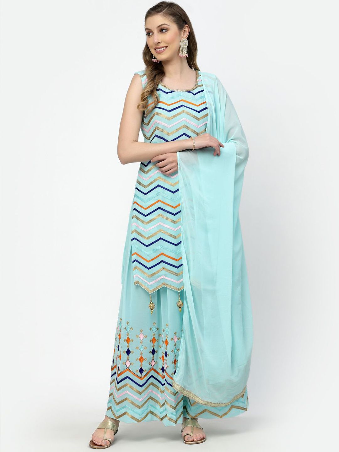 TS LIFESTYLE Women Striped Embroidered Kurta with Sharara & Dupatta