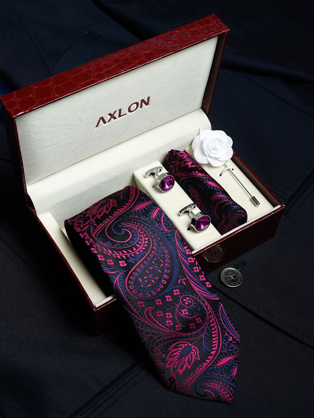 AXLON Men Paisley Tie, Cufflinks, Pocket Square & Flower Pin Accessory Gift Set-picture-43