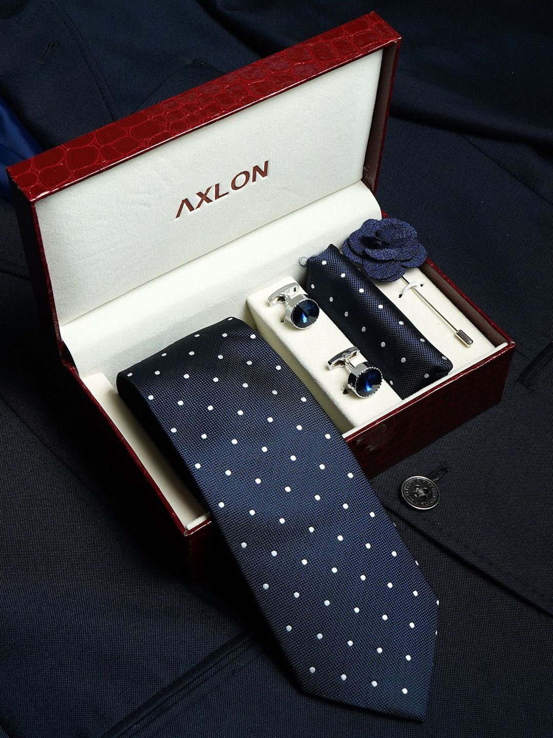 AXLON Men Polka Dot Printed Tie Pocket Square Cufflink & Flower Pin Accessory Gift Set-picture-25