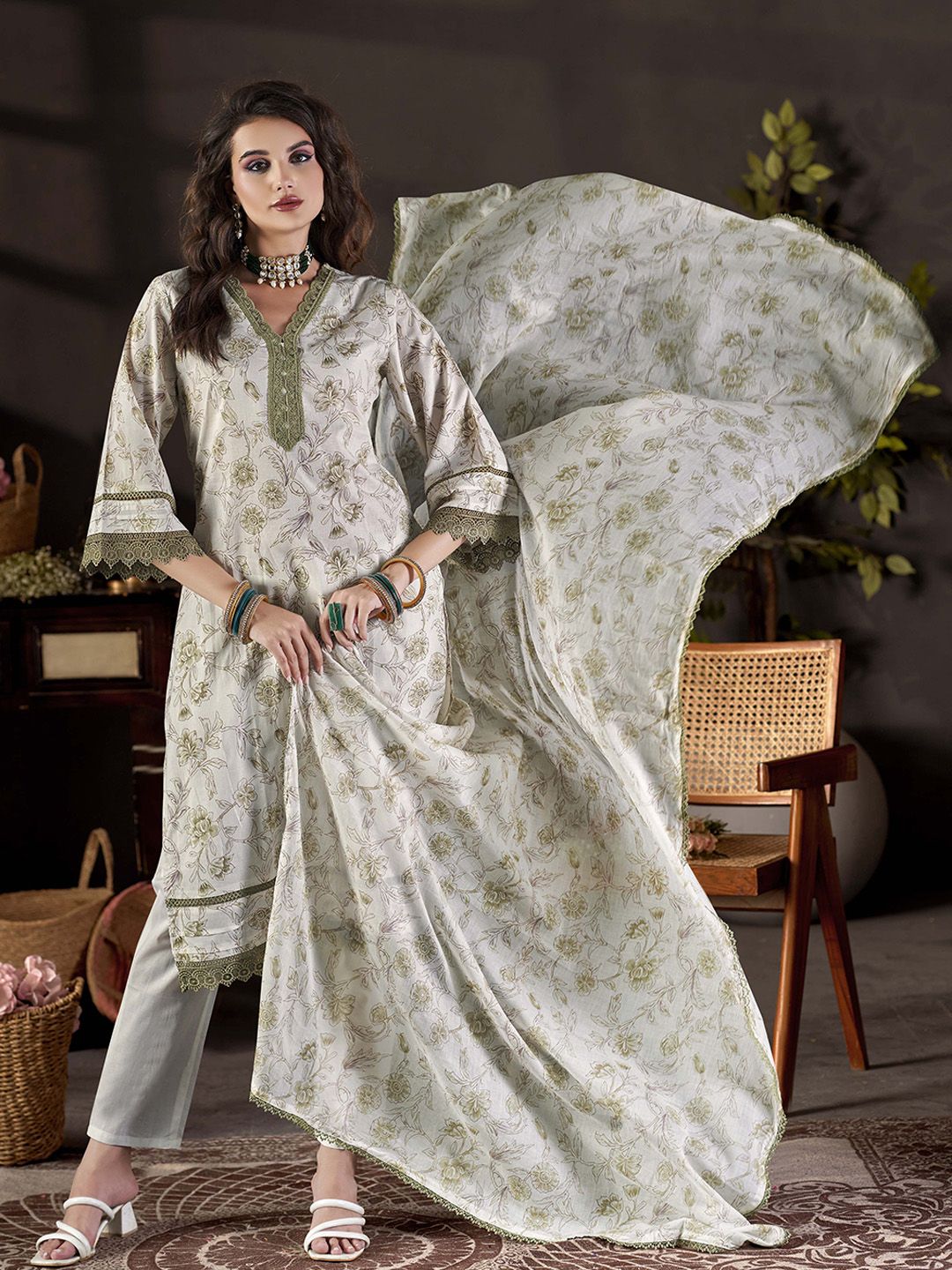 Anouk Floral Printed V-Neck Thread Work Pure Cotton Kurta with Palazzo & Dupatta