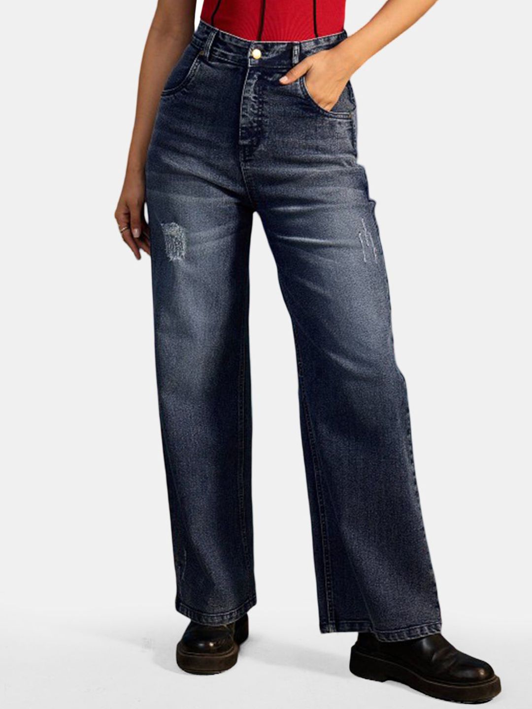 The Roadster Lifestyle Co. Women High Rise Cotton Low Distress Straight Fit Jeans