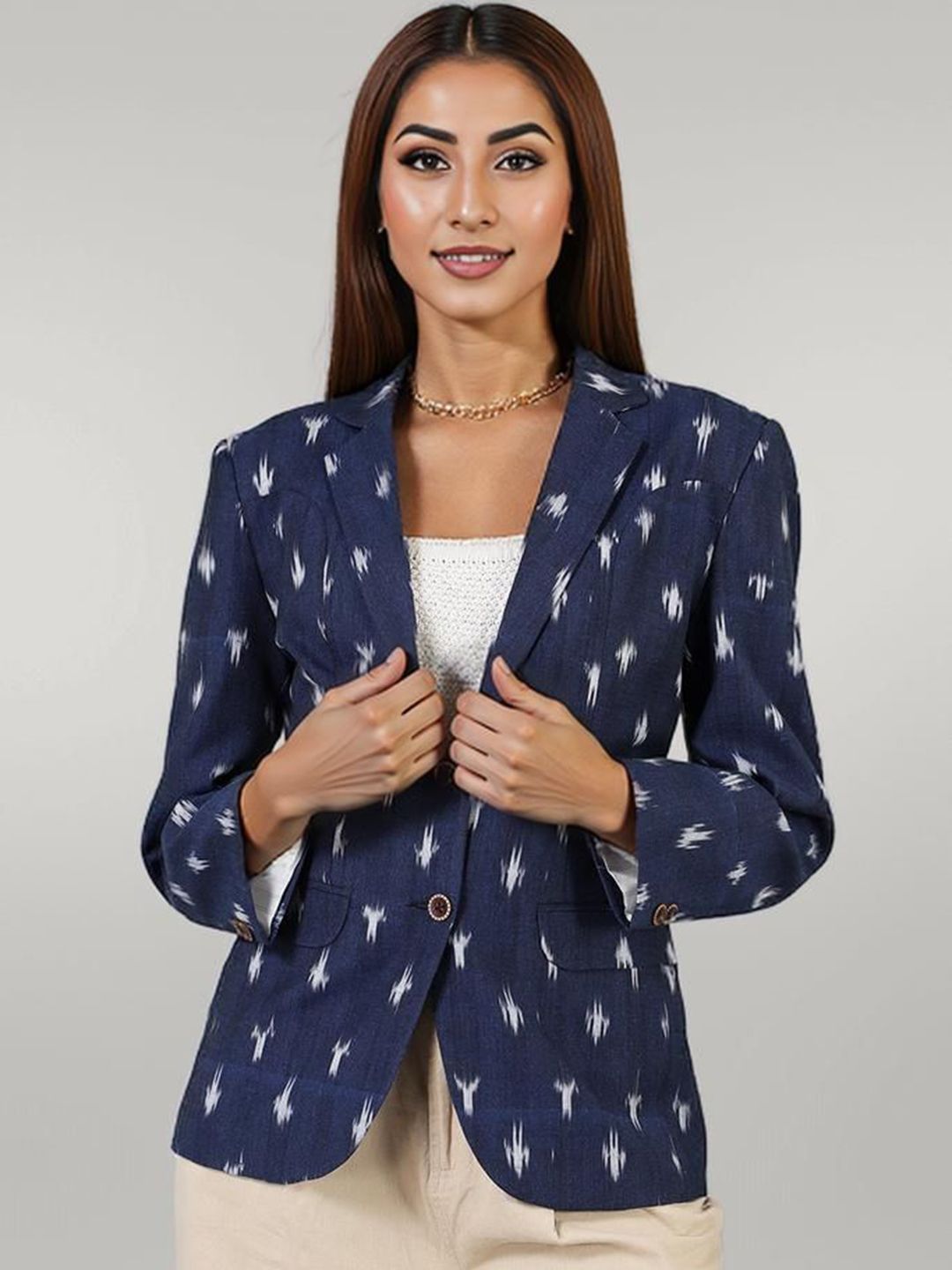 Talethread Ikat Printed Cotton Single-Breasted Casual Blazer