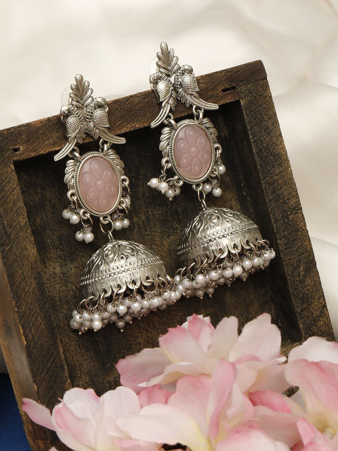 VIVAZS Silver-Plated Artificial Stones & Beads Beaded Oxidised Dome Shaped Jhumkas-picture-27