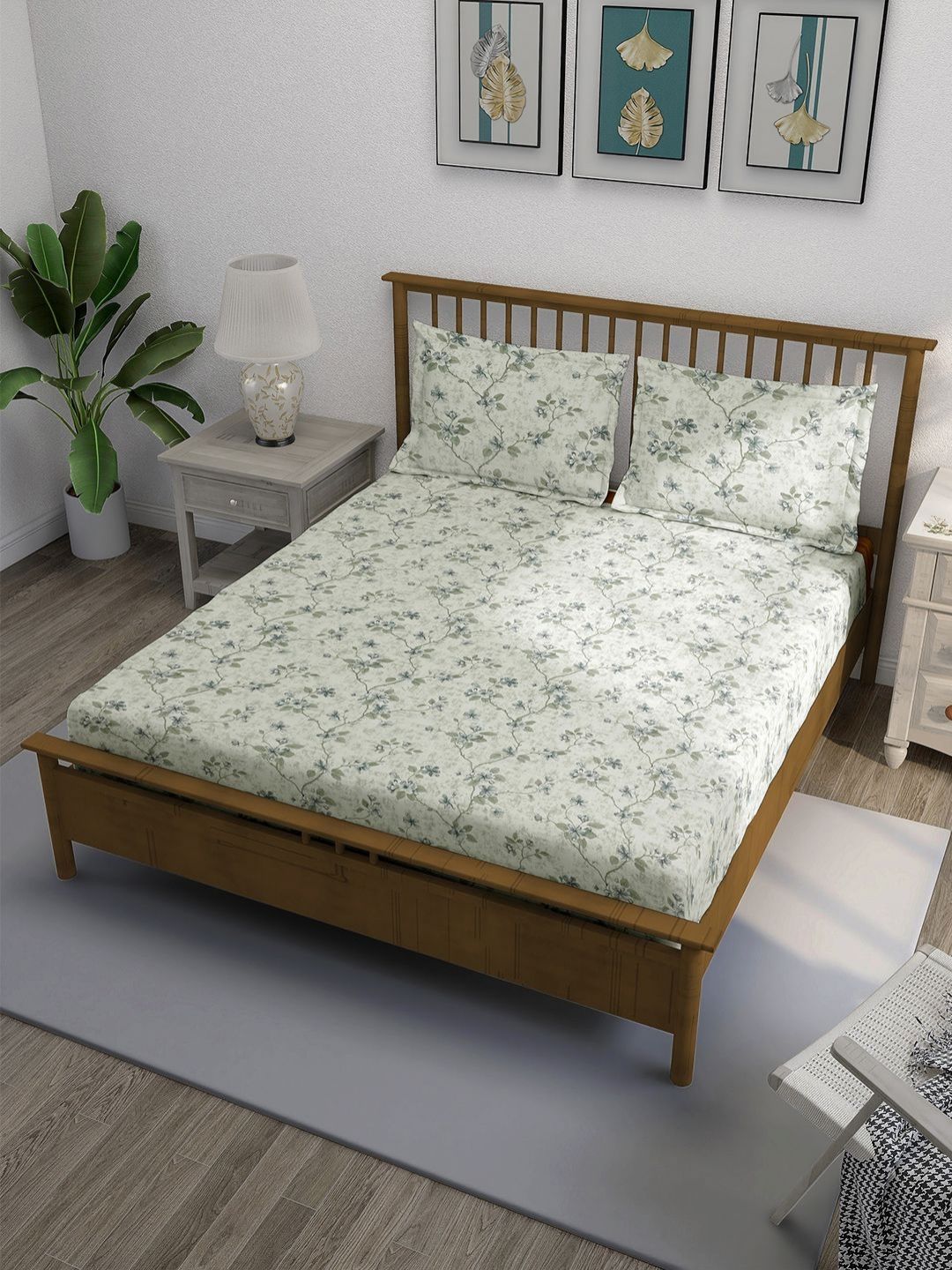 SWAYAM White & Green Floral Printed Cotton 240 TC King Bedsheet Set-2.28 m x 2.74 m-picture-29