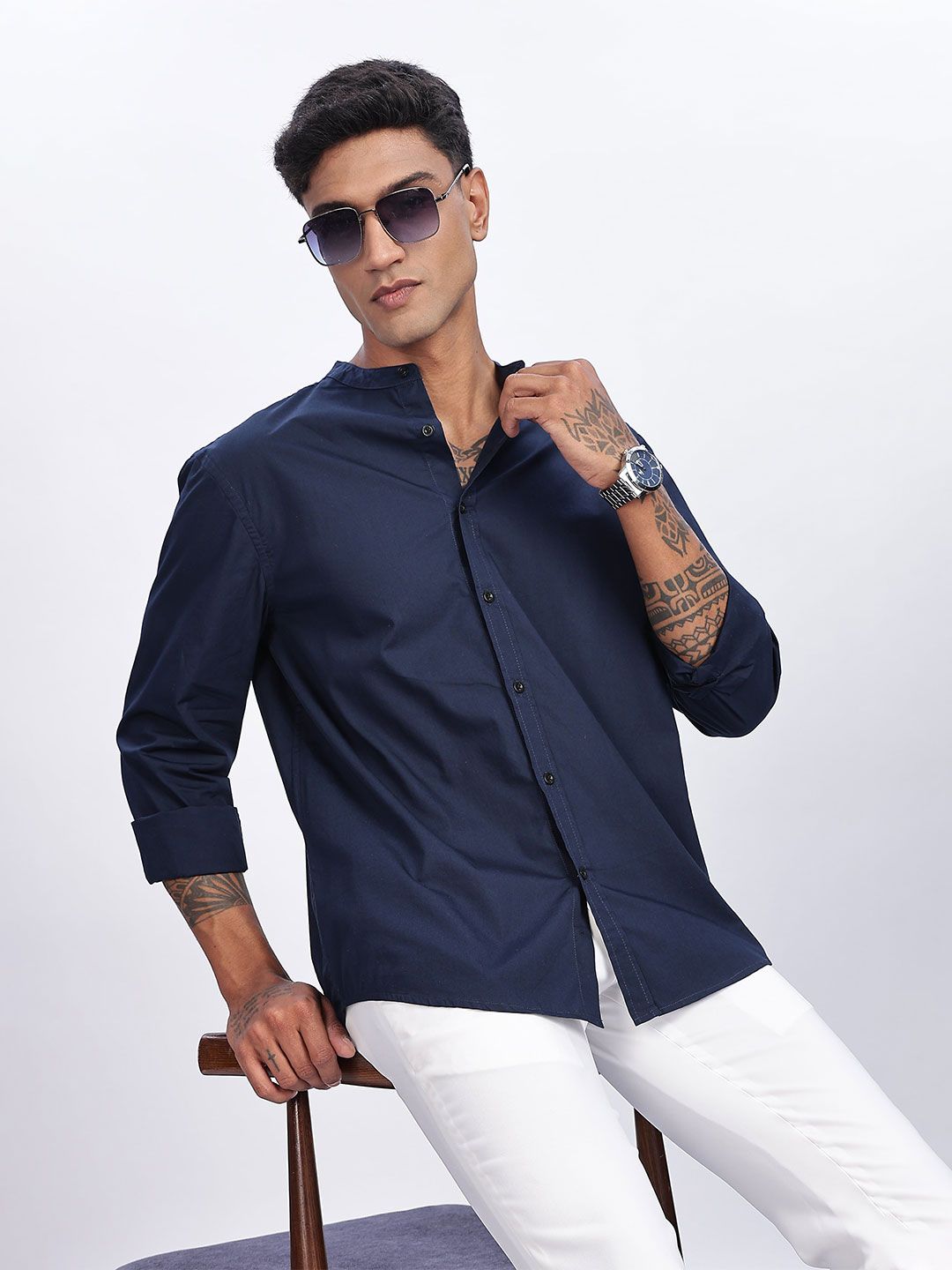 Eszett Men Solid Mandarin Collar Cotton Casual Shirt-picture-16