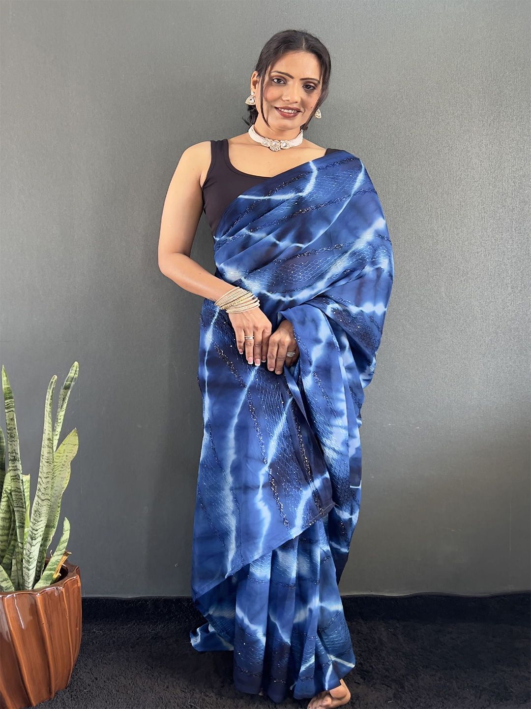 HERE&NOW Tie and Dye Pure Georgette Ready to Wear Leheriya Saree-picture-32