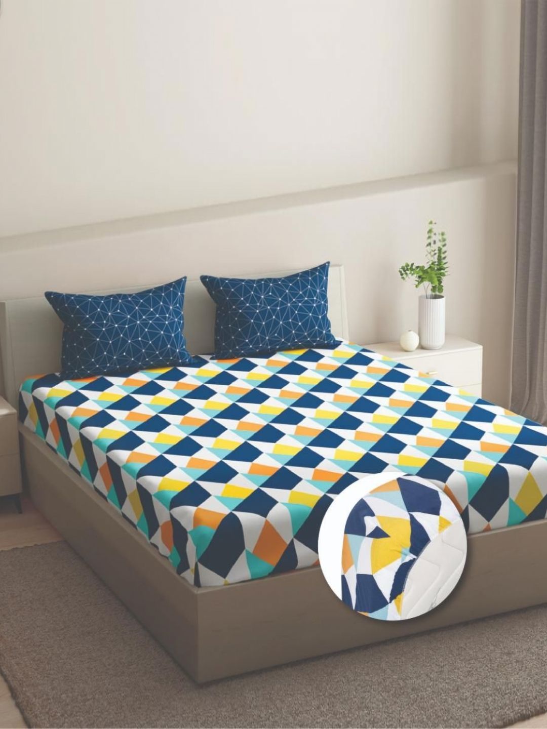 wakefit White & Blue Geometric 144 TC King Bedsheet Set- 2.74 m x 2.74 ms-picture-14