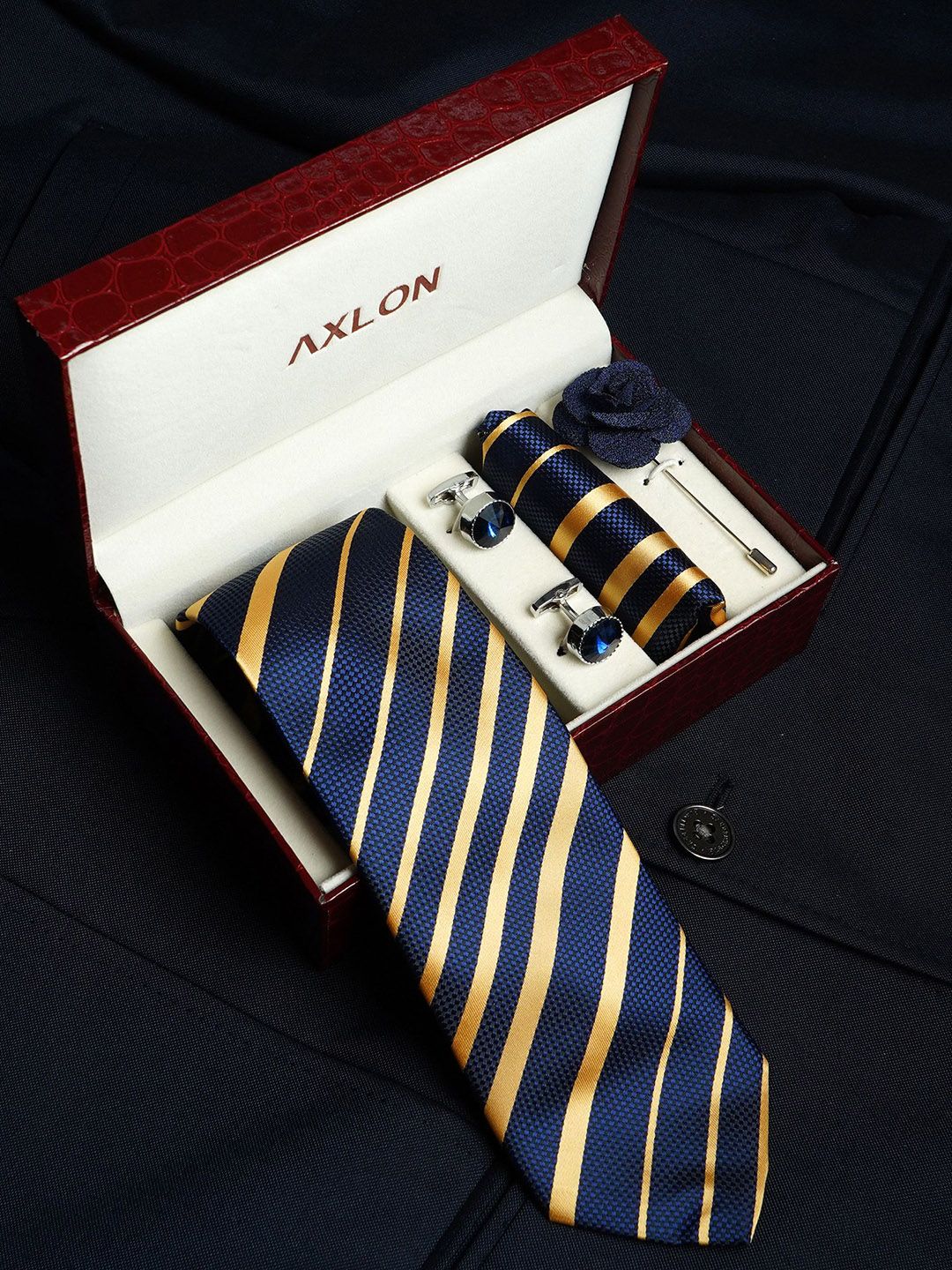 AXLON Men Striped Tie Pocket Square Cufflink & Flower Pin Accessory Gift Set-picture-11