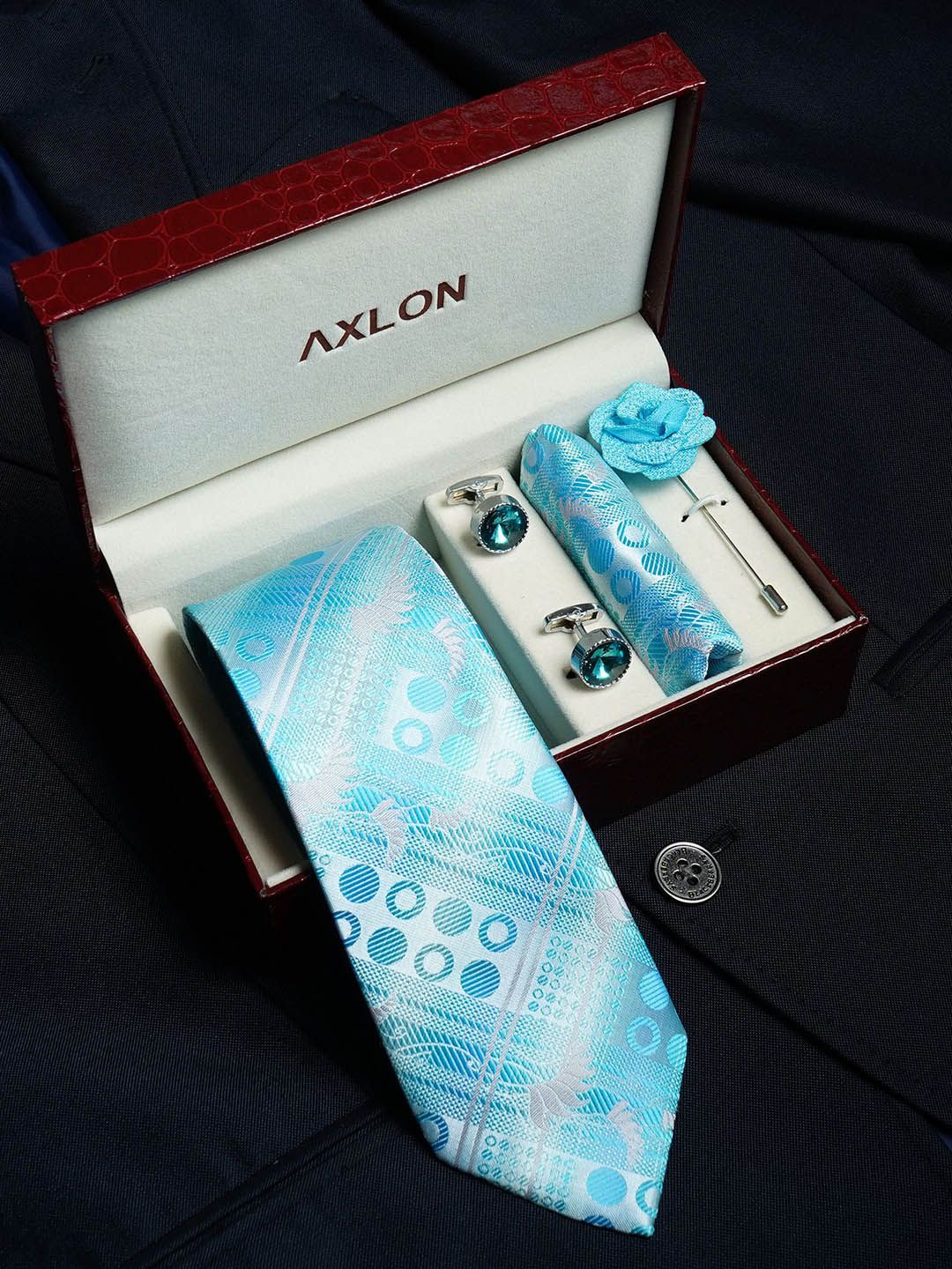 AXLON Men Geometric Tie Pocket Square Cufflink & Flower Pin Accessory Gift Set-picture-10
