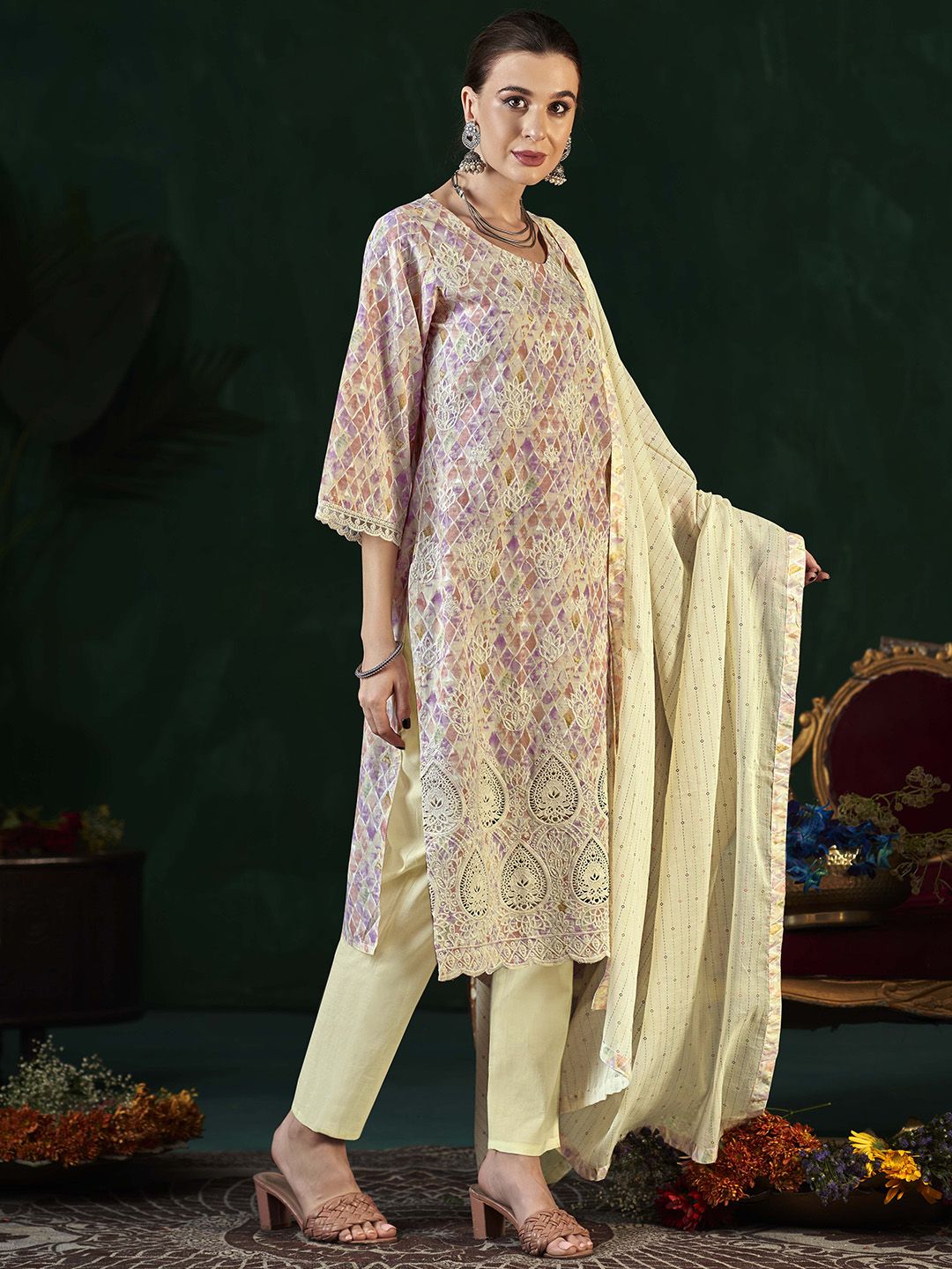 Anouk Women Floral Printed Regular Pure Cotton Kurta with Trousers & With Dupatta