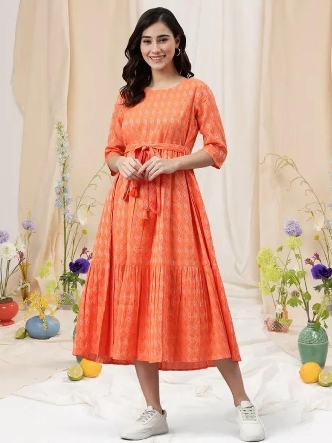 ASHISH PRINT Women Orange Cotton A-Line Dress-picture-36