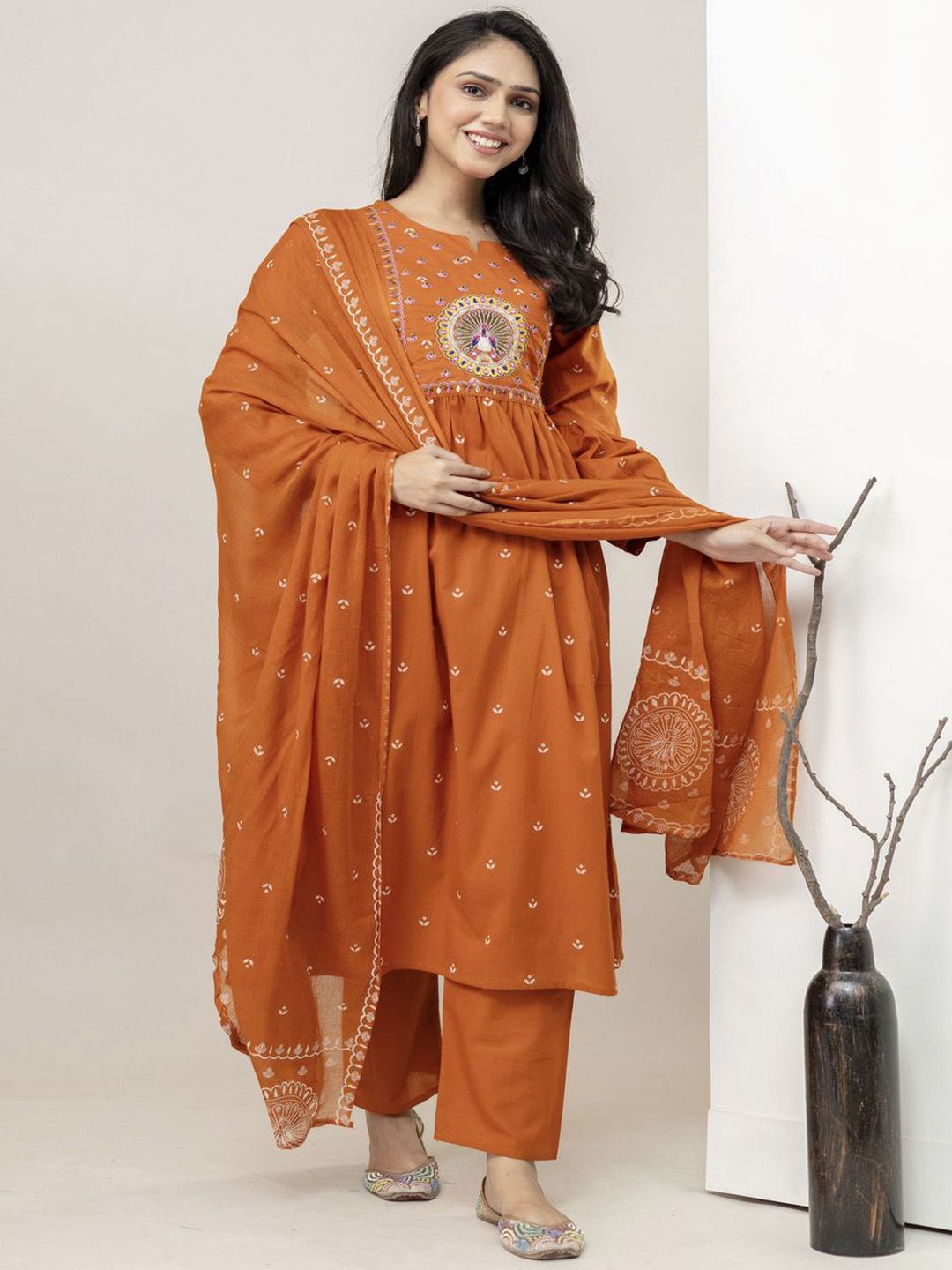 SINGNI Women Ethnic Motifs Embroidered Pure Cotton Kurta with Trousers & With Dupatta