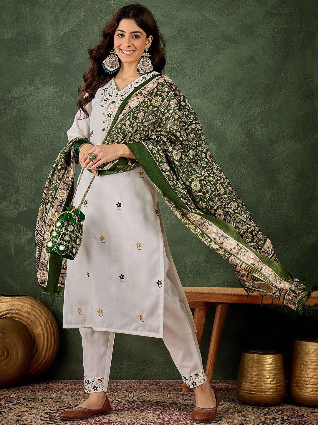 VredeVogel Women Floral Embroidered Cotton Blend Kurta with Trousers & Art Silk Dupatta
