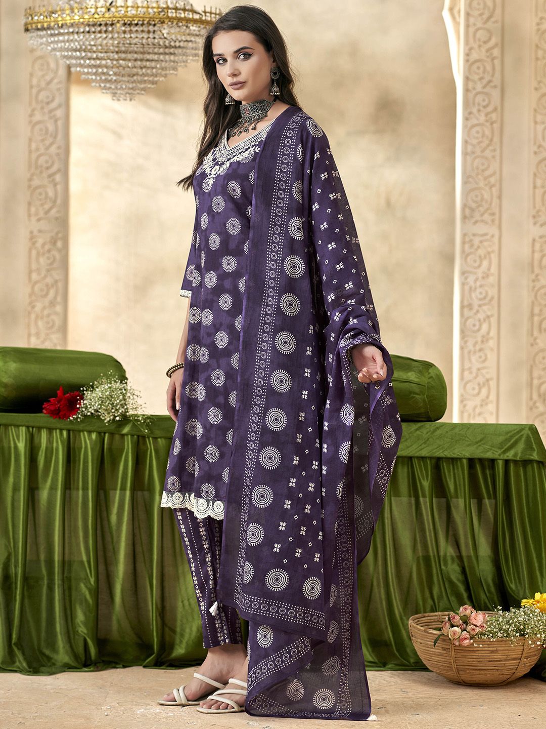 Anouk Women Geometric Yoke Design Pure Cotton Kurta with Trousers & With Dupatta