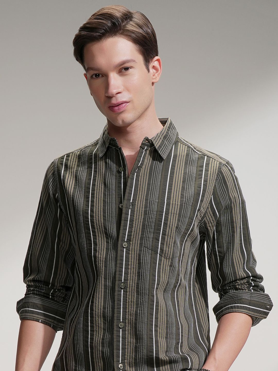 HIGHLANDER Striped Mandarin Collar Long Sleeves Slim Fit Dobby Casual Shirt-picture-35