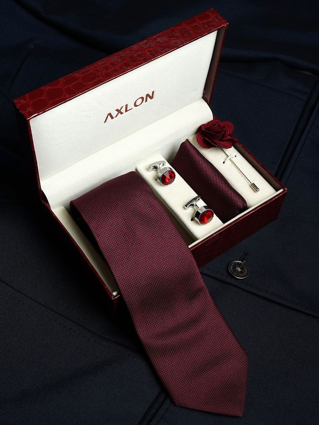 AXLON Men Micro Dotted Tie Pocket Square Cufflink & Flower Pin Accessory Gift Set-picture-34