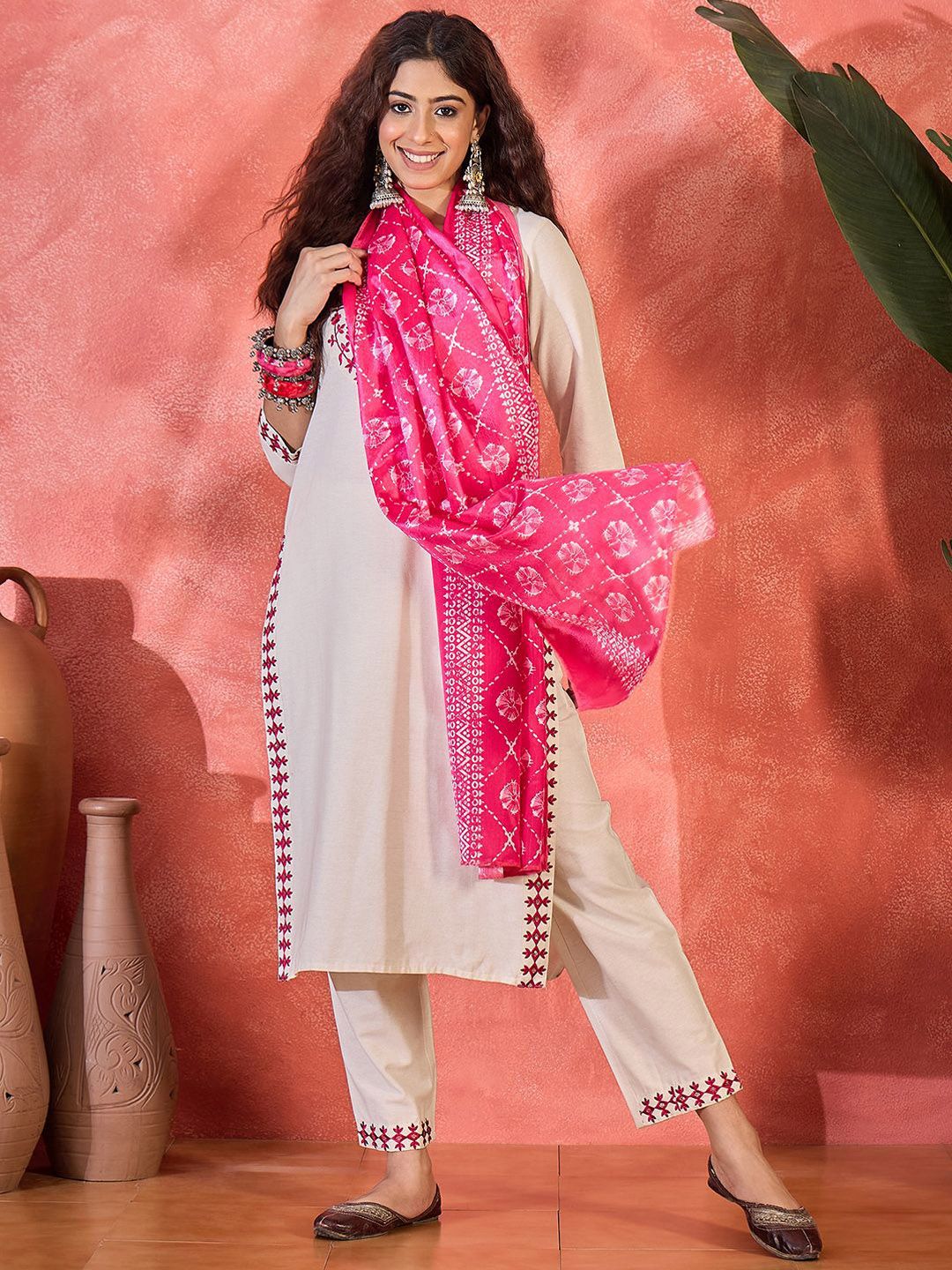 Sangria Women Embroidered Straight Kurta With Trouser & Dupatta