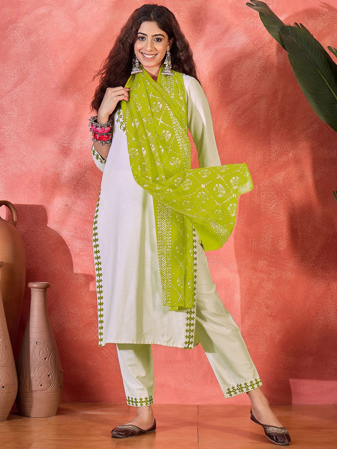 Sangria Floral Yoke Design Thread Work Cotton Straight Kurta With Trouser & Dupatta