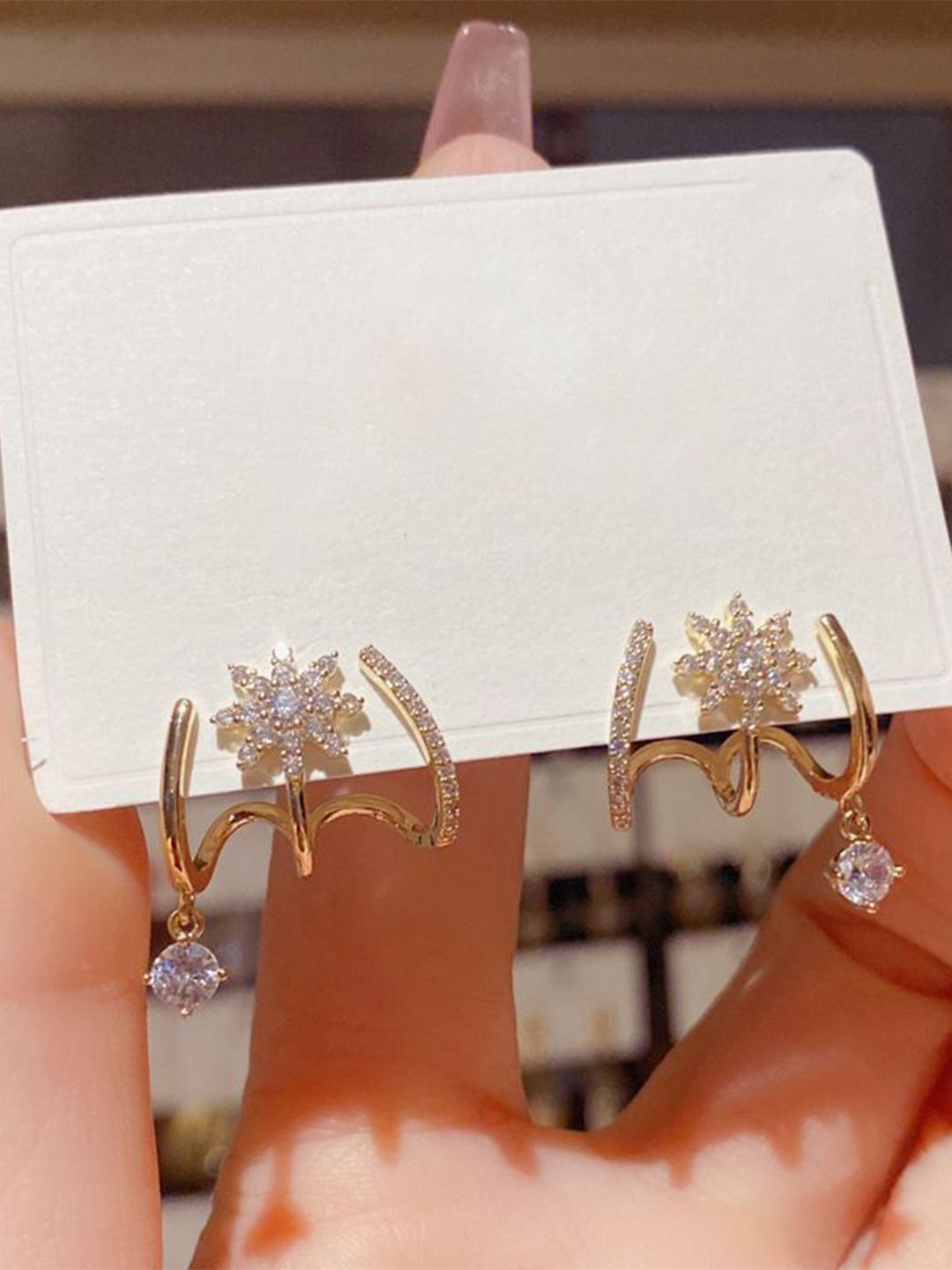 DIVASTRI Gold-Plated American Diamond Studded Korean Floral Drop Earrings-picture-19