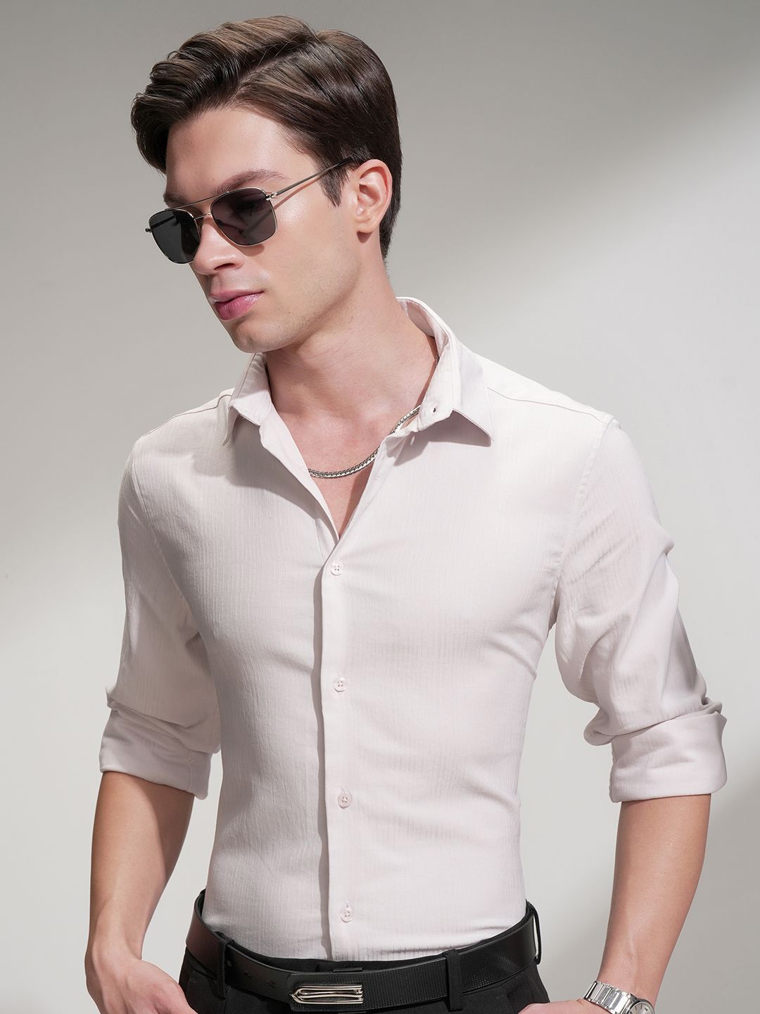 HIGHLANDER Men Slim Fit Textured Spread Collar Formal Shirt-picture-36