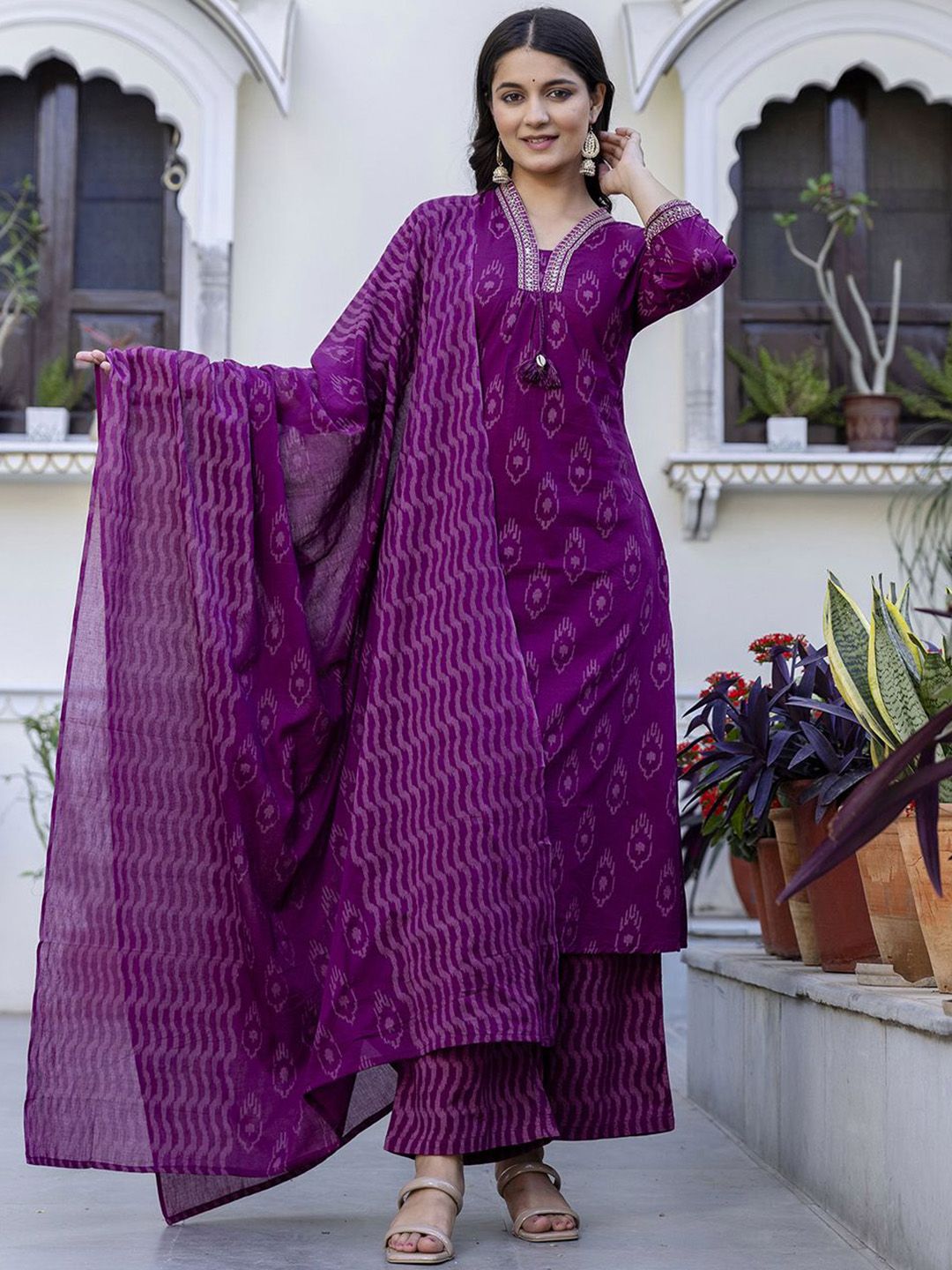 Pistaa Women Printed Sequinned Pure Cotton Kurta with Palazzos & With Dupatta