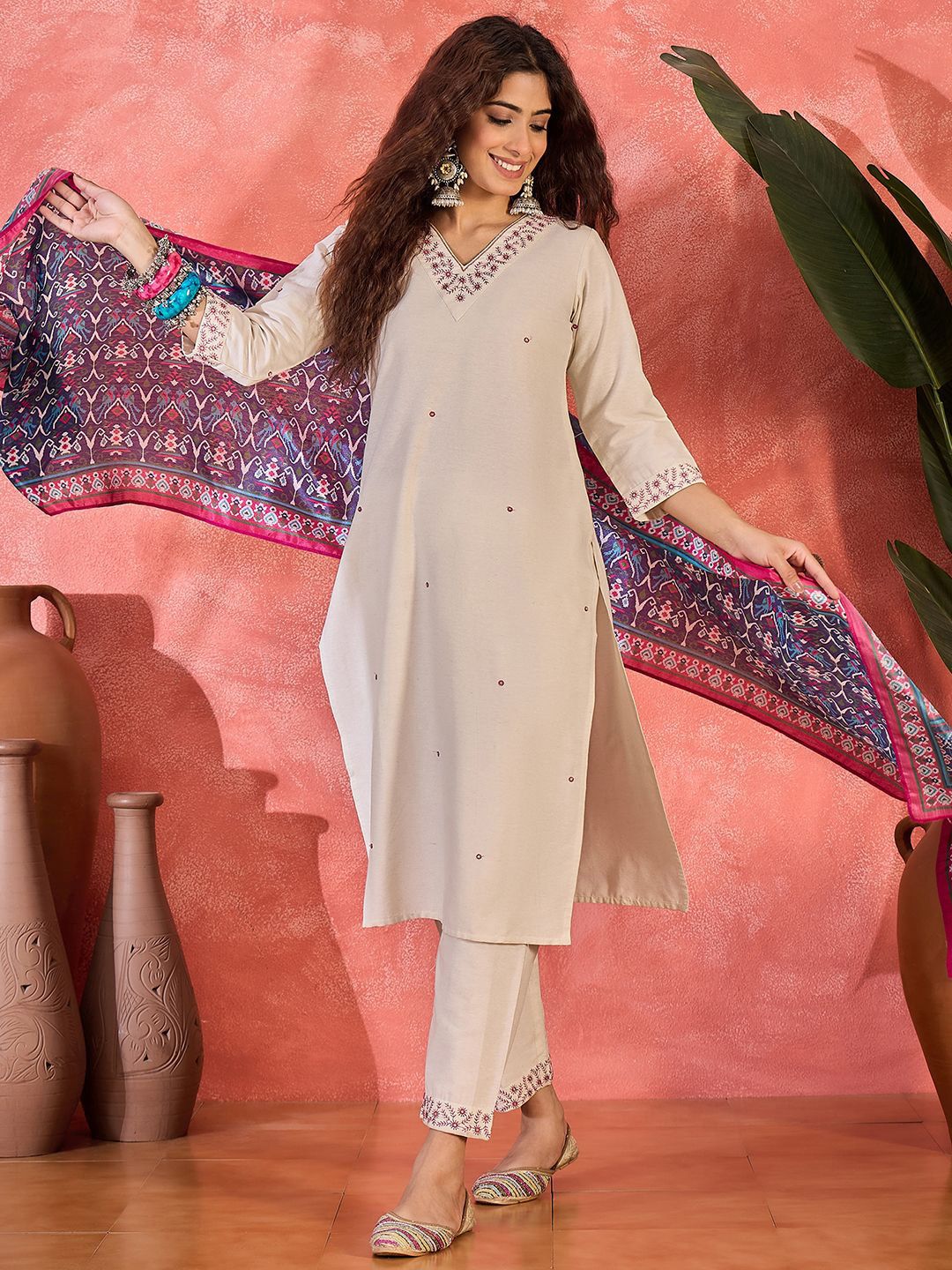 Sangria Women Floral Yoke Design Kurta with Trousers & Dupatta