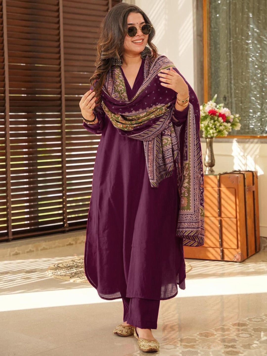 KOTRONS V-Neck Linen Anarkali Kurta With Trousers & Dupatta