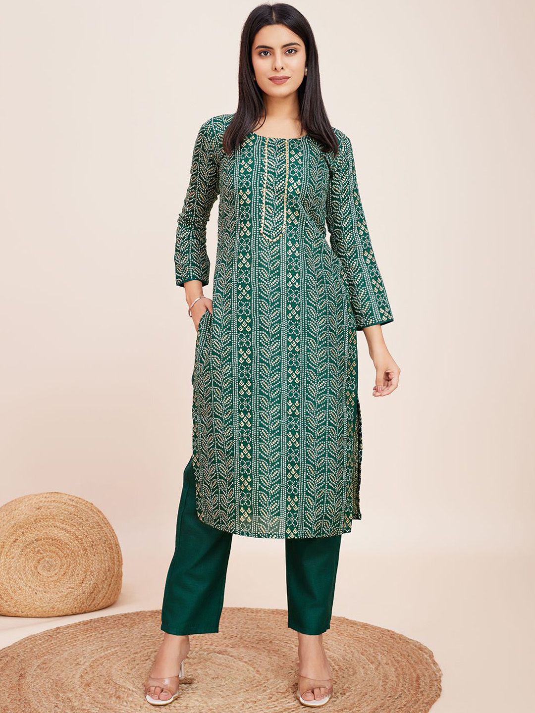 Women Basket Women Ethnic Motifs Bandhani Printed Regular Kurta with Trousers