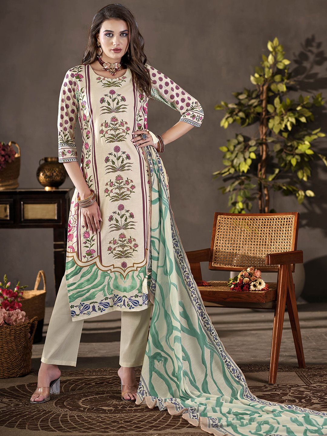 Anouk Floral Printed Thread Work Pure Cotton Straight Kurta With Trousers & Dupatta