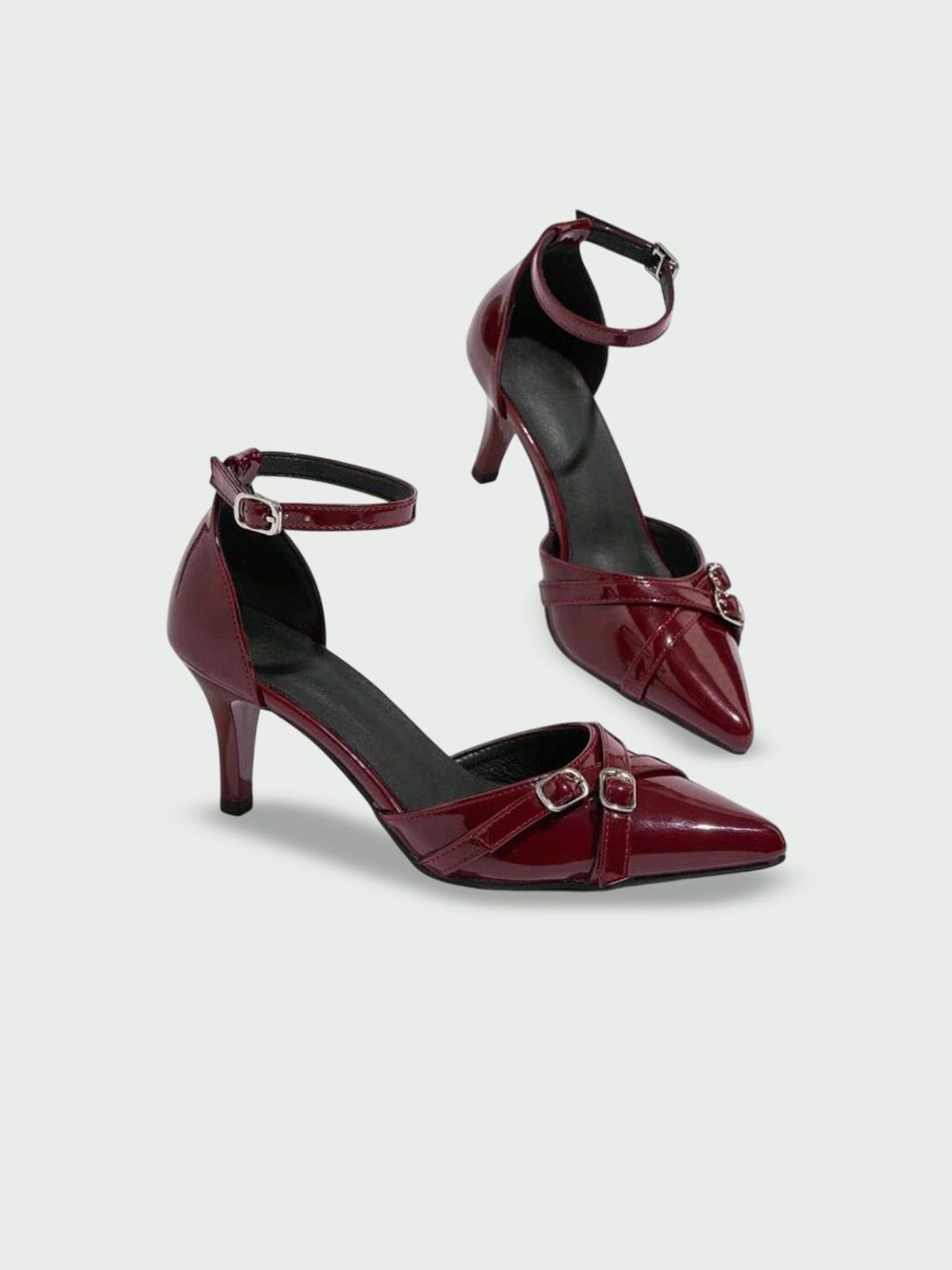 ALLEYSTRAP Women Solid Pointed Toe Buckles Patent Pumps-picture-12