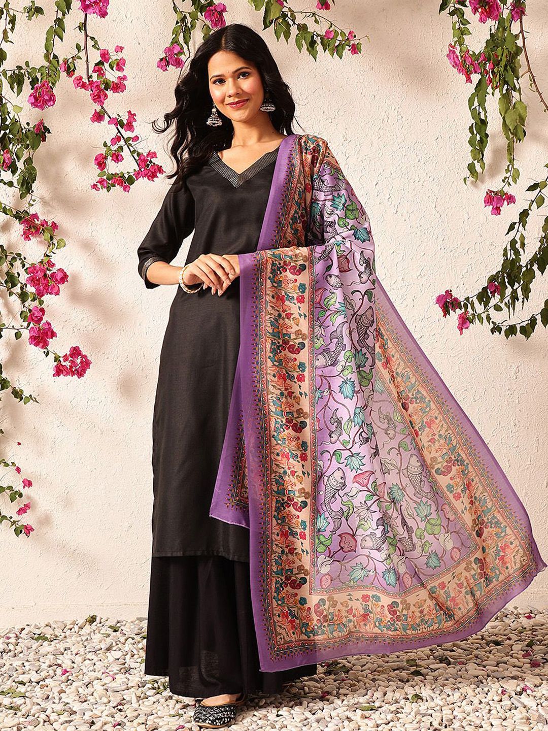 Silk Land Floral Printed Kalamkari Mul Cotton Dupatta-image-39