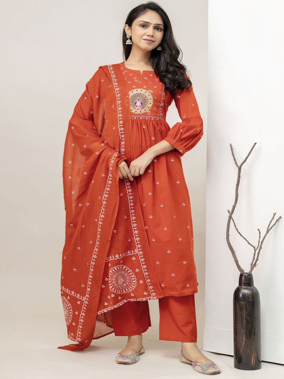 SINGNI Women Ethnic Motifs Embroidered Cotton Kurta with Trousers & Dupatta