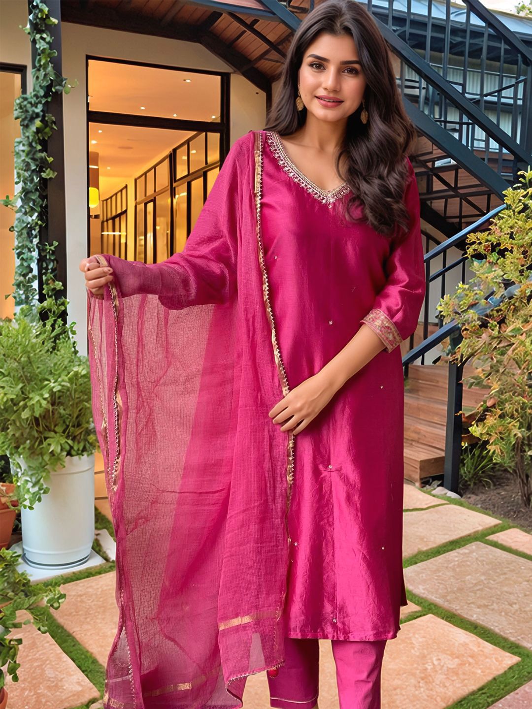 GoSriKi Women Embroidered Regular Sequinned Kurta with Trousers & Dupatta