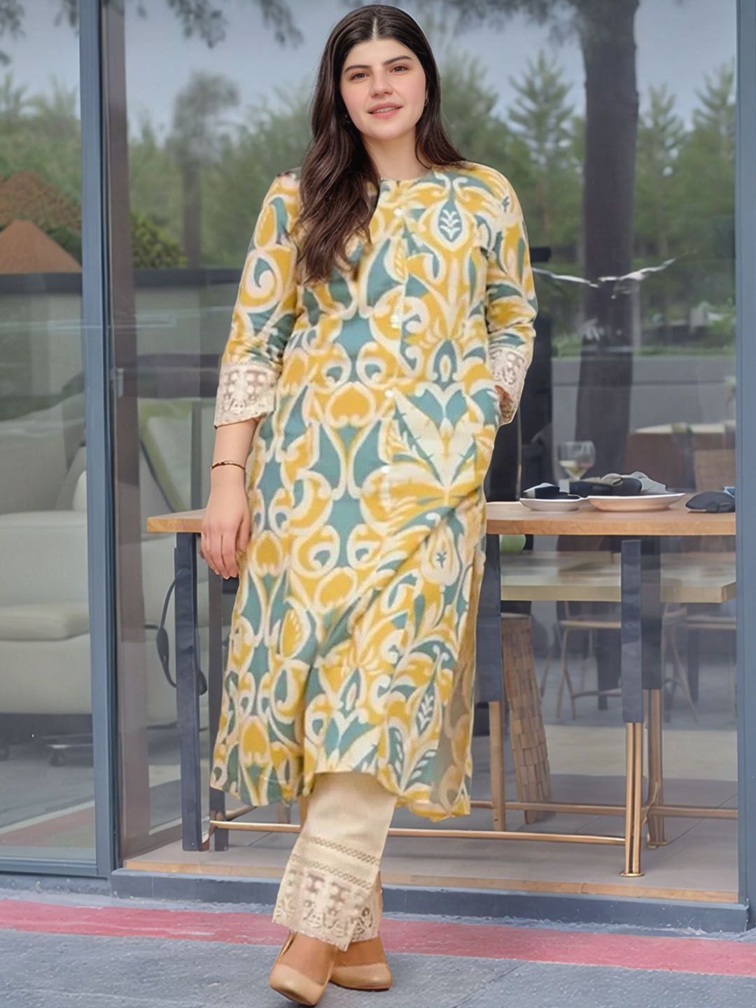 Aaghnya Ethnic Motifs Printed Mandarin Collar Kurta With Palazzo