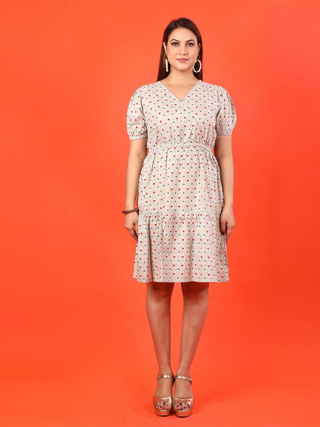 BABRU Women Ethnic Motifs Print V- Neck Puff Sleeve Fit And Flare Dress-picture-33